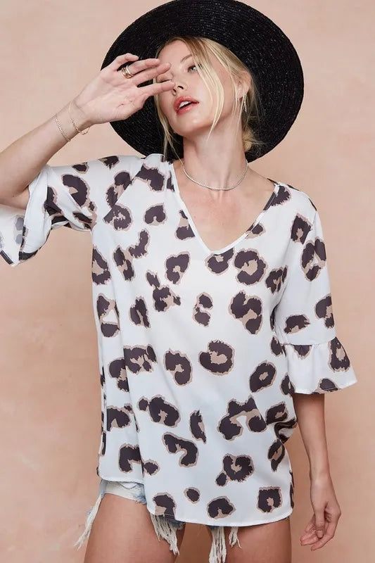 Leopard Printed V Neck Woven Top with Ruffled