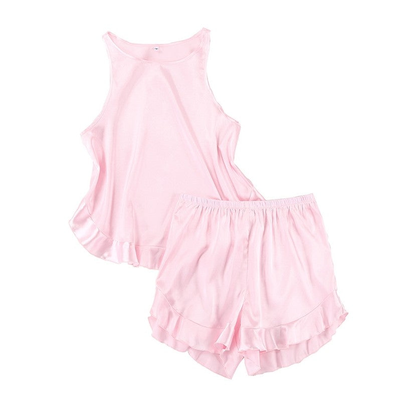 Ruffled Sleeveless Tank Top and Shorts Set - Solid Color Pajamas