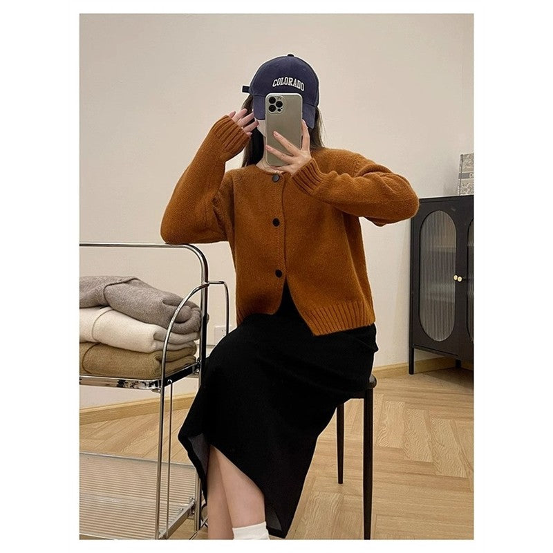 Solid Color Long Sleeve Crewneck Single Breasted Casual Loose Knitted Cardigan