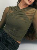 Long Sleeves Skinny Gauze Pleated See-Through Solid Color V-Neck T-Shirts