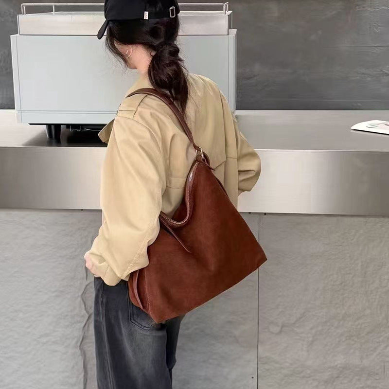 Women's Suede Crossbody Shoulder Bag | High-Capacity Commuter Bag with Zipper Pocket