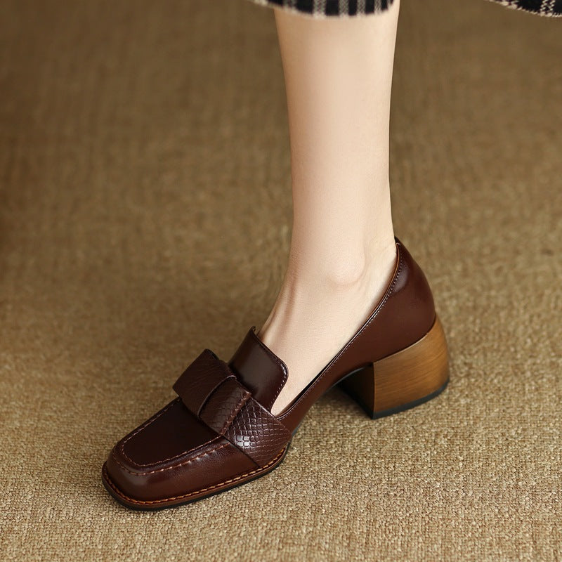 Women's Genuine Cowhide Leather Chunky Heel Commuter Shoes | Square Toe Block Heel Pumps