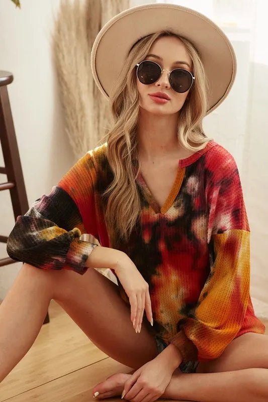 Tie Dye Brushed Waffle Top With Bubble Sleeves