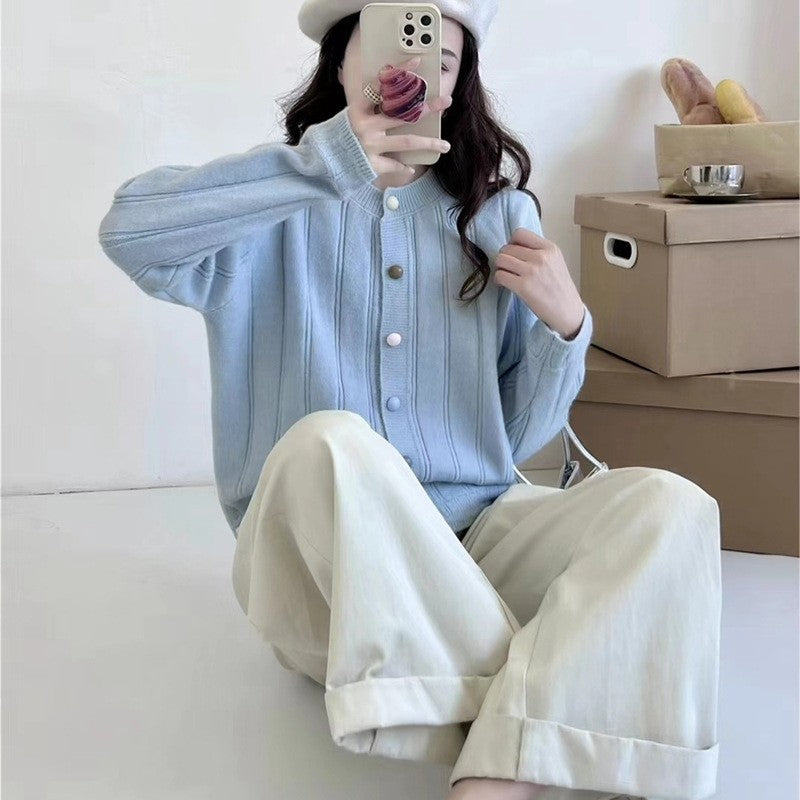 Solid Color Long Sleeve Crewneck Buttoned Cardigan Sweater