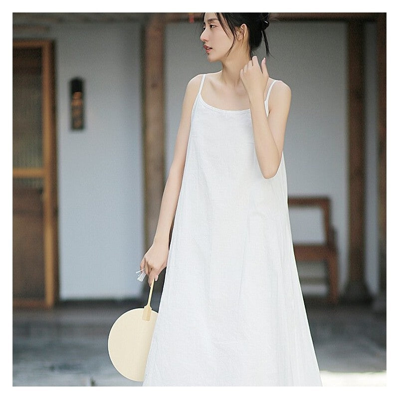 Hem Double-Layer Solid Color Sling Dress with Irregular Design