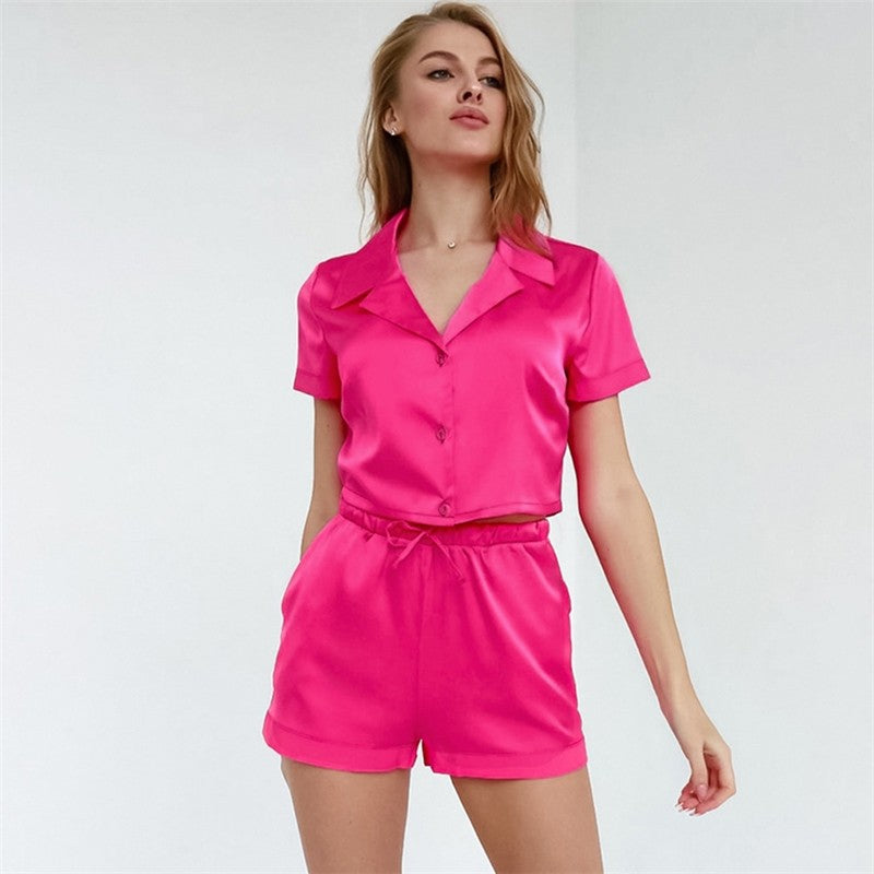 Solid Color Satin Short Sleeve Lapel Buttoned Pajama Suit