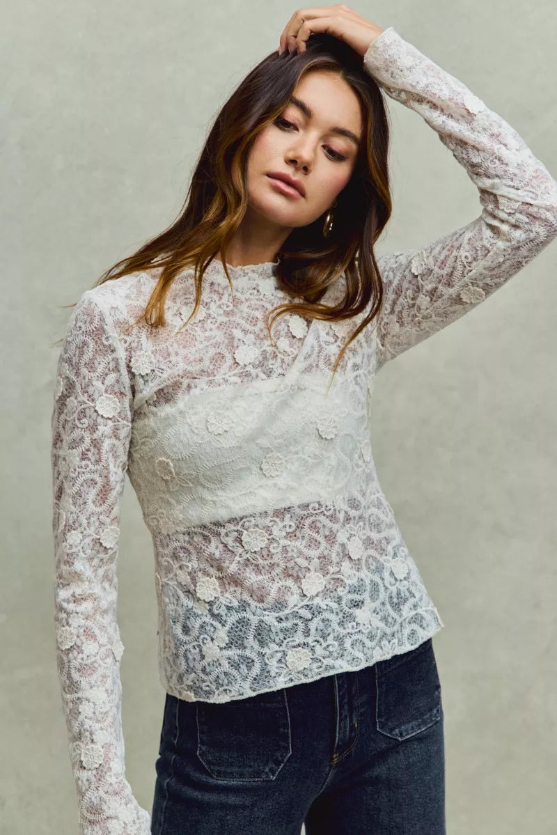 Lace Long Sleeve 3d Effect Floral Layering Top