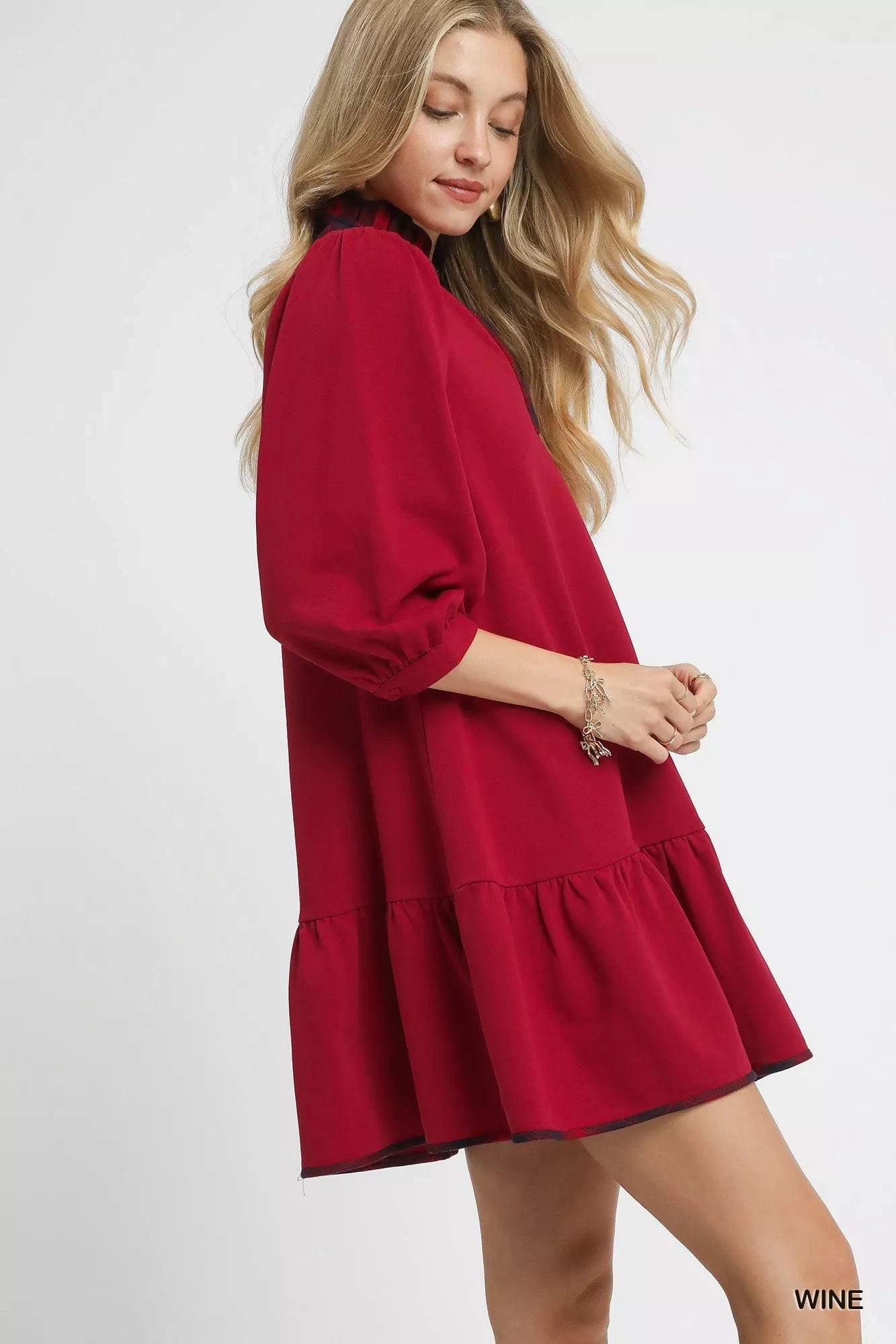 French Terry Ruffle Hem Dress with Plaid Trim