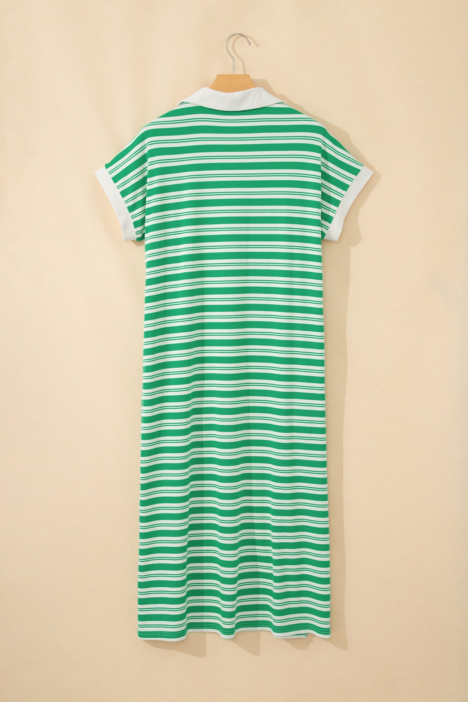 Green Stripe Collared V Neck Short Sleeve T Shirt Midi Dress with Pockets