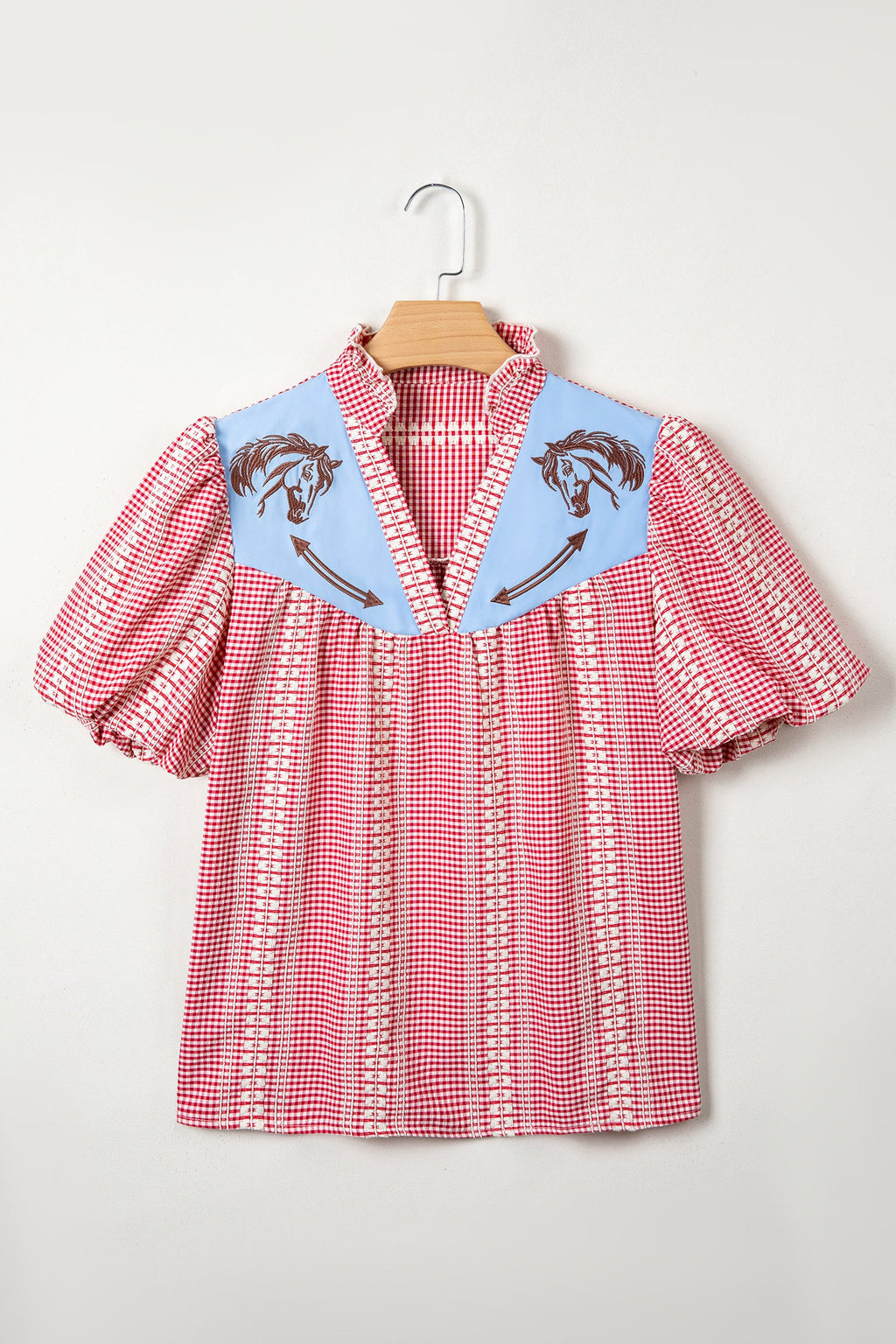 Red Western Pony Embroidered Yoke Puff Sleeve Gingham Blouse