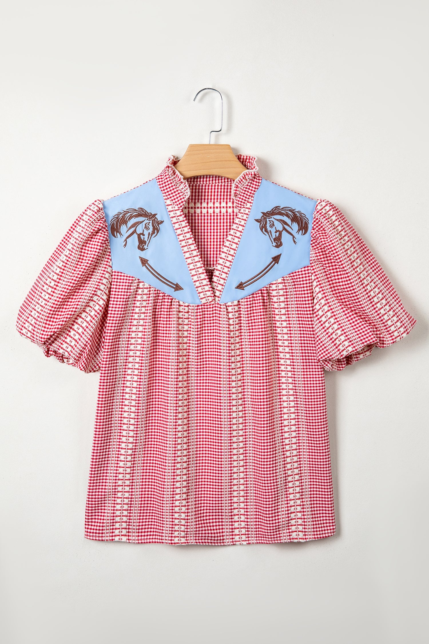 Red Western Pony Embroidered Yoke Puff Sleeve Gingham Blouse