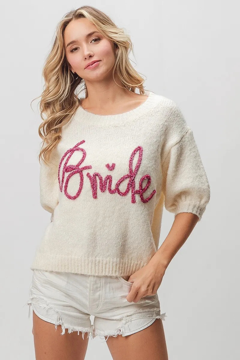 Metallic Letter Short Puff Sleeve Hairy Sweater
