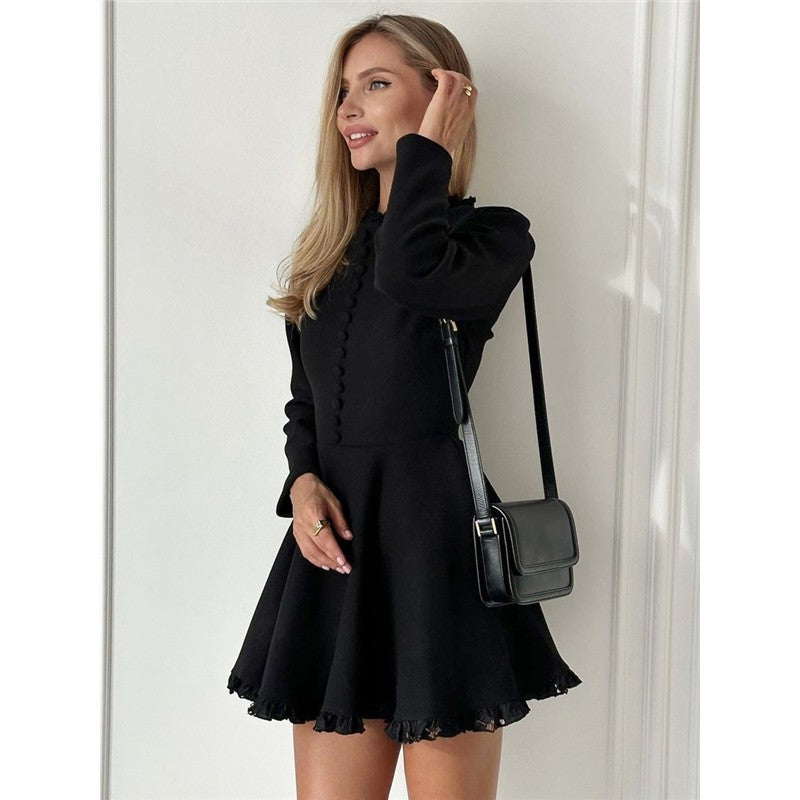 Solid Color Crewneck Long Sleeve A-Line Ruffled Hem Mini Dress