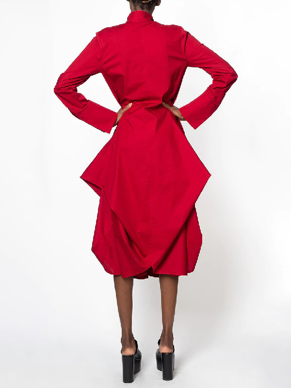 Chic Relaxed Fit Stand-Collar Long Sleeve Midi Dress