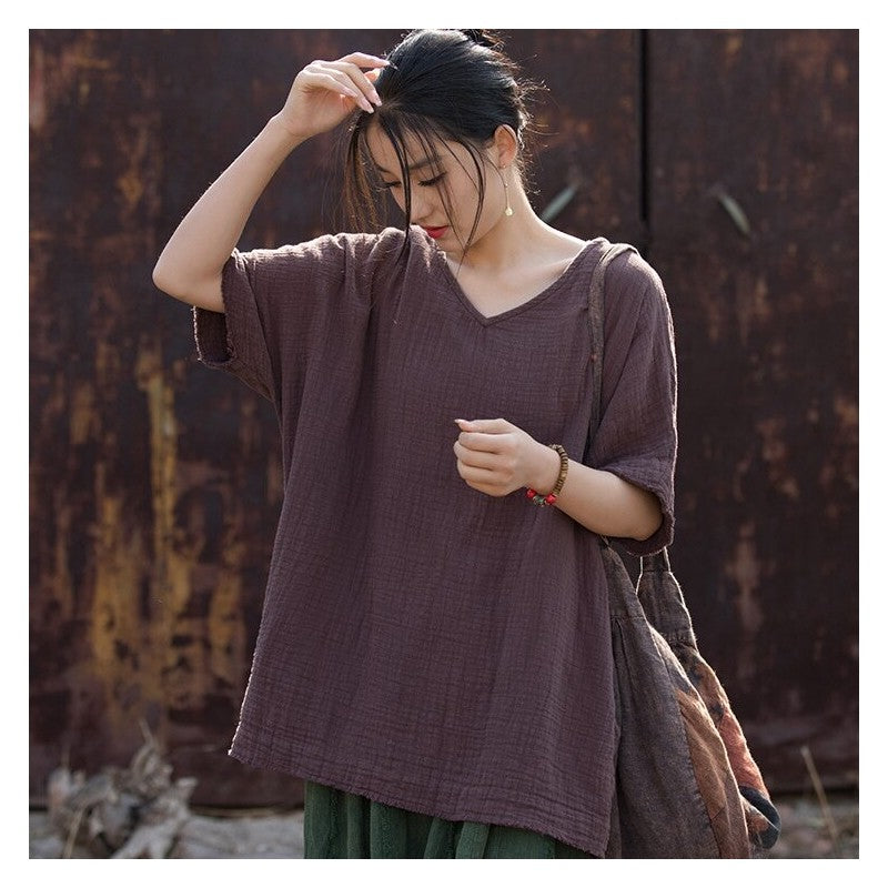 Solid Color Double-Layer Bamboo Joint Literary All-Match T-Shirt