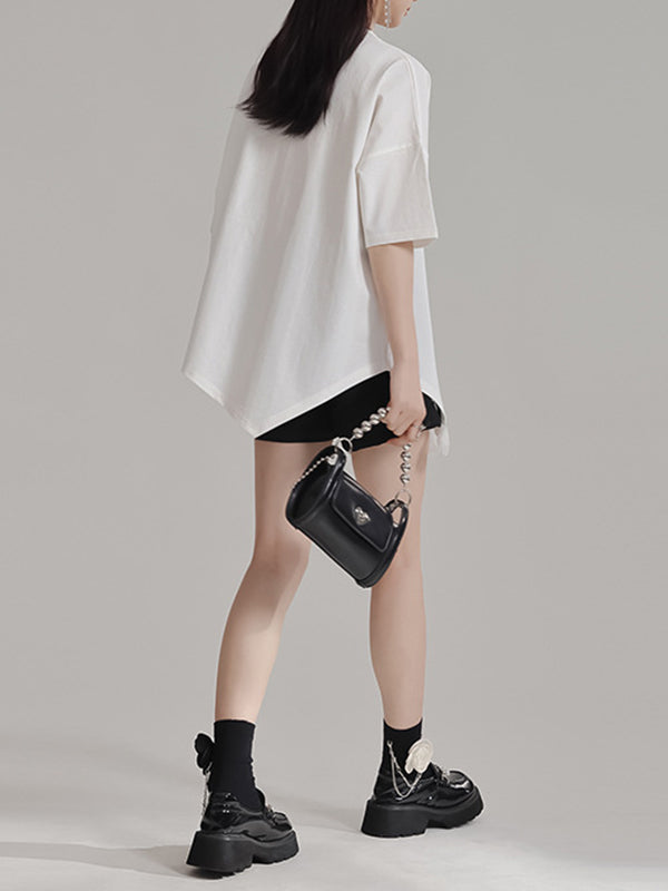 Loose Short Sleeves Asymmetric Solid Color Three-Dimensional Flower Round-Neck T-Shirts Tops