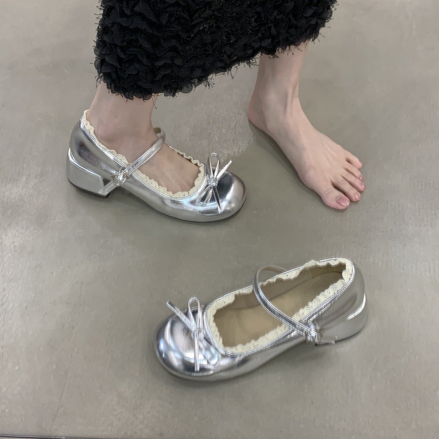 Women's French Lace Bow Mary Jane Shoes | Mid Heel Round Toe PU Leather