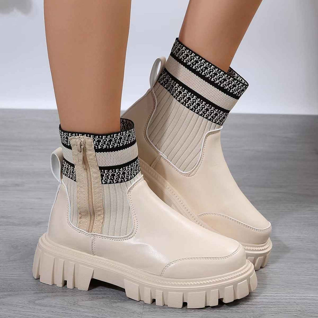 Women's Knitted Mid-Calf Boots | Side Zipper | Non-Slip Rubber Sole | Beige Black Brown