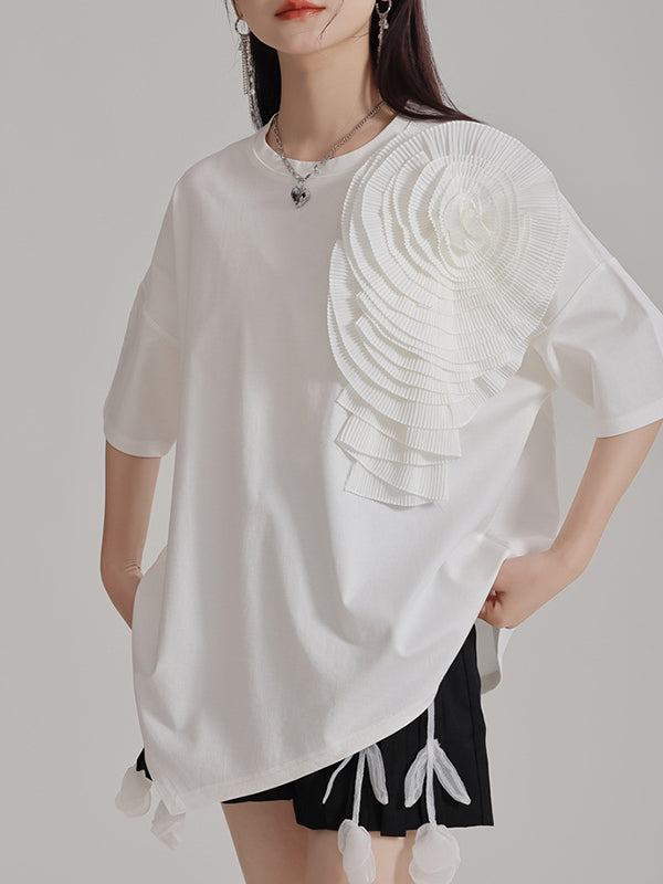 Loose Short Sleeves Asymmetric Solid Color Three-Dimensional Flower Round-Neck T-Shirts Tops