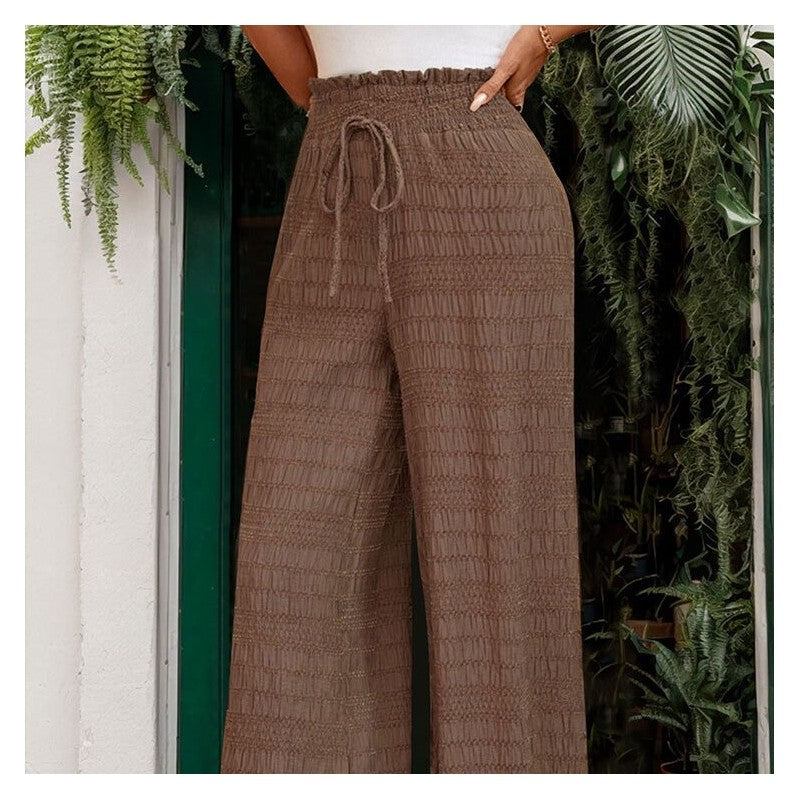 Textured Solid Color Wide Leg Casual Trousers