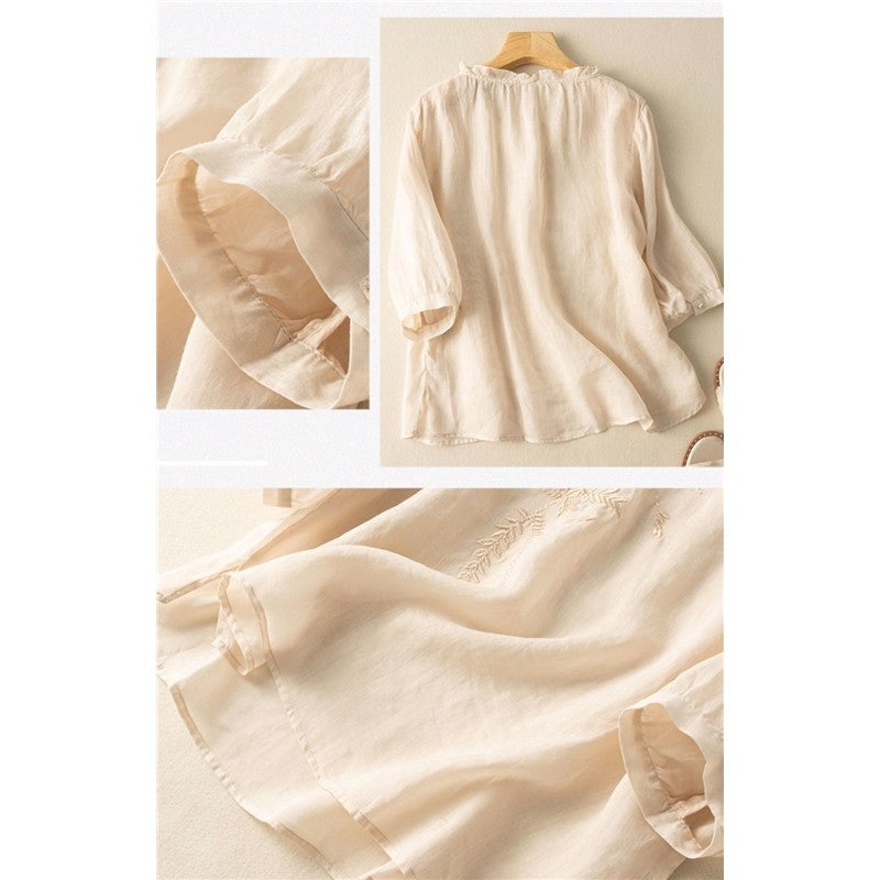 Women's Short Sleeve Cotton Linen Embroidered Lightweight Literary Pleated Blouse