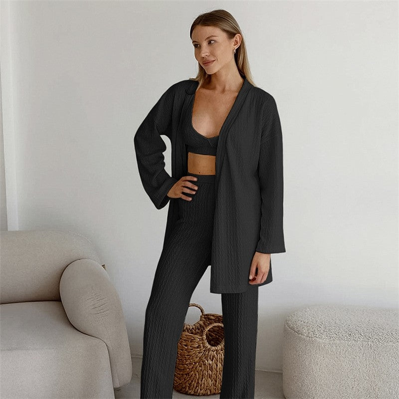 Casual Loose Knitted Solid Color Bralette and Long Sleeve Sweater with Waist Tie, Outerwear, and Pants Three-P