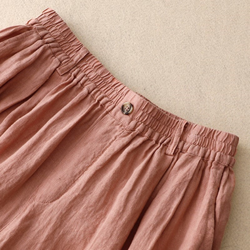 Wide Leg Elastic Waist Double Pocket Pants Simple And Pure Ethnic Style