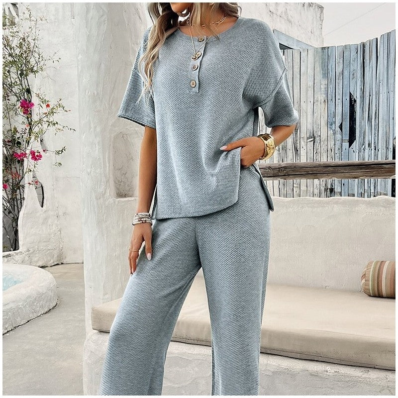 Solid Color Knit Short Sleeve Long Pants Set