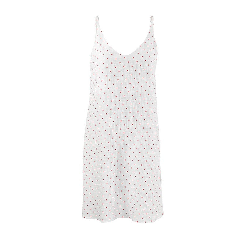 Heart Print White Thin Strap Nightgown