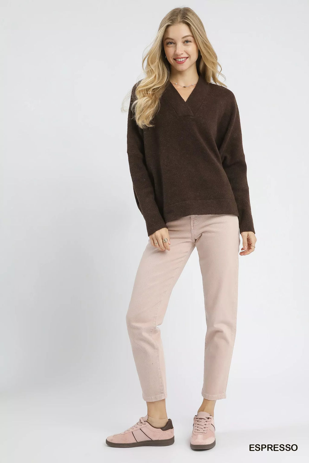 V-Neck Sweater with Wide Trim Detail