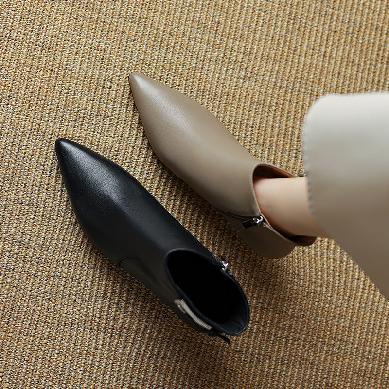 Women's Pointed-Toe High-Heel Ankle Boots - Leather Stiletto Boots with Buckle Strap & Side Zipper