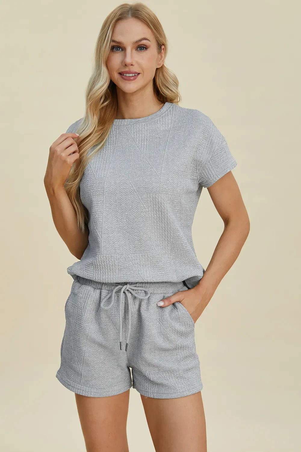 I am a Fashion Junky Full Size Texture Short Sleeve Top and Shorts Set