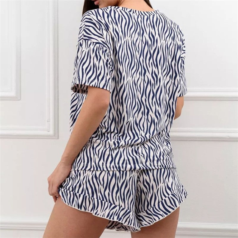 Leaf Print Hem Short Sleeve Pajama Set