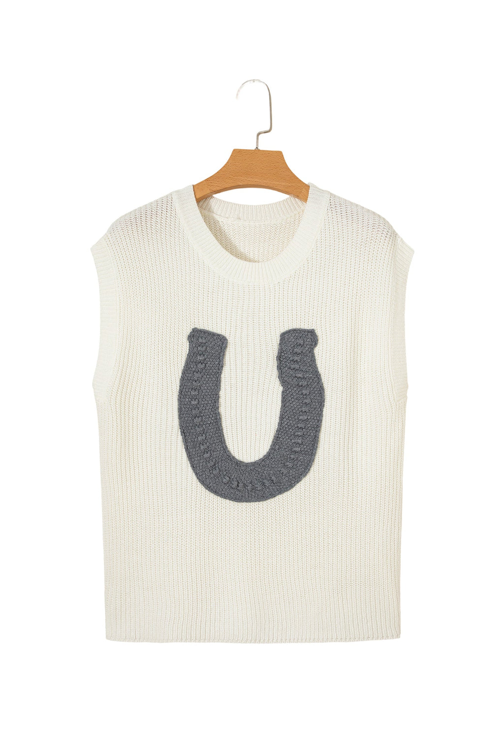 White Crochet Horseshoe Short Sleeve Knit Sweater