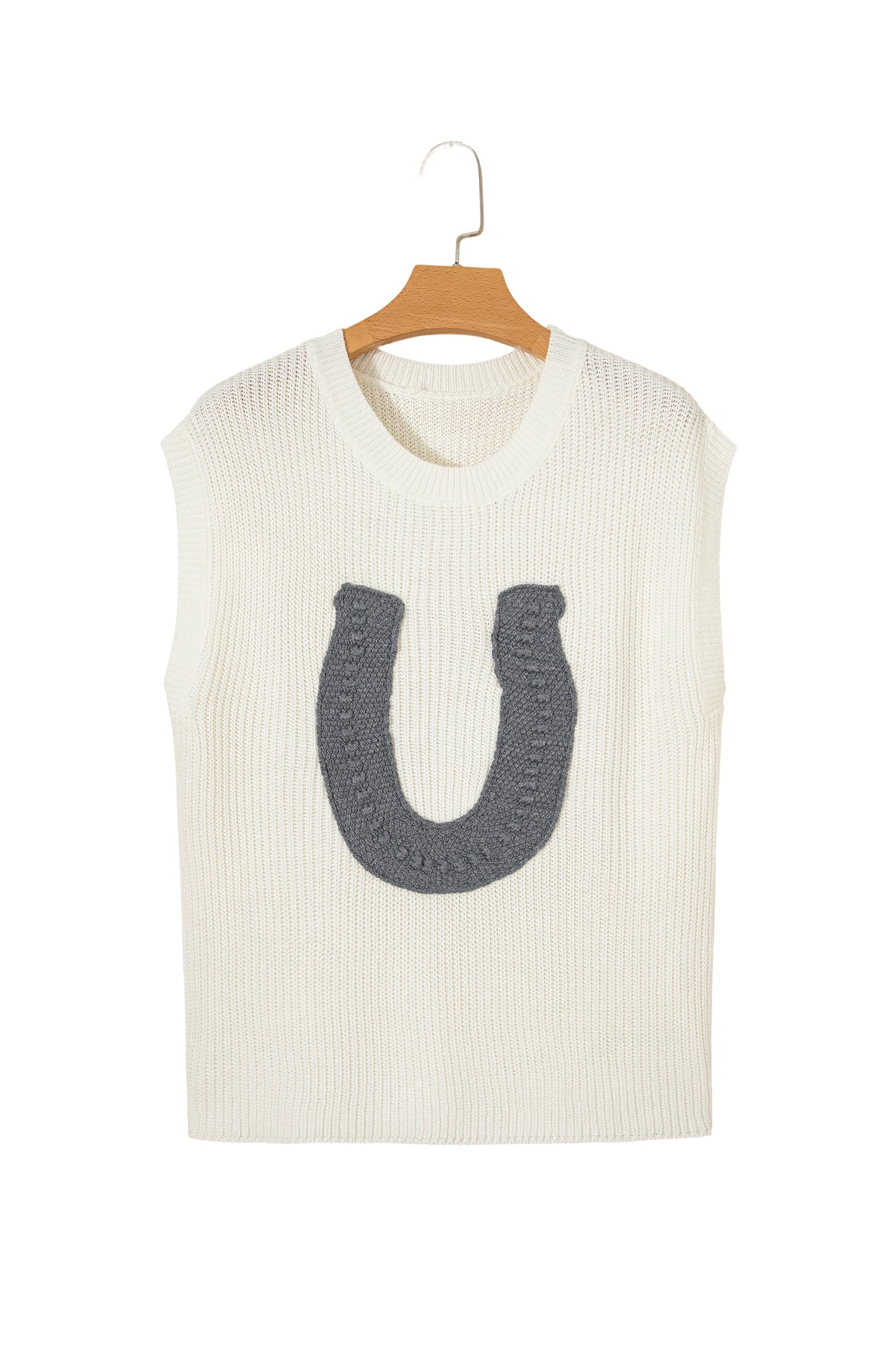 White Crochet Horseshoe Short Sleeve Knit Sweater