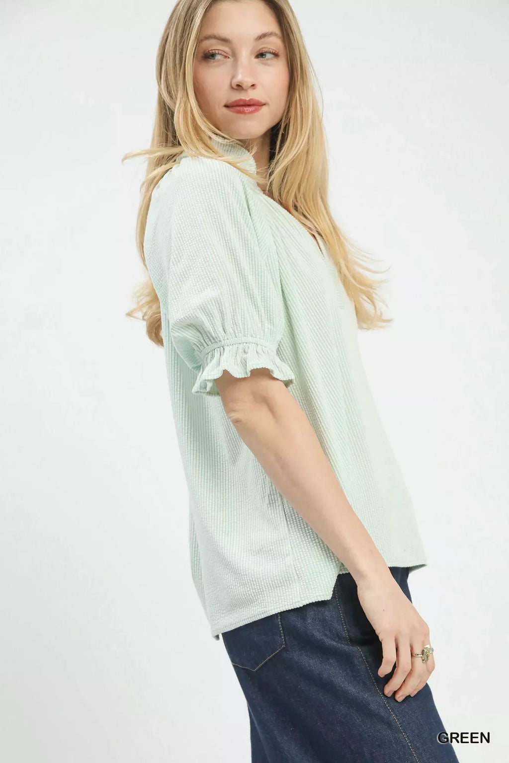 Textured Ruffle Sleeve V-Neck Top