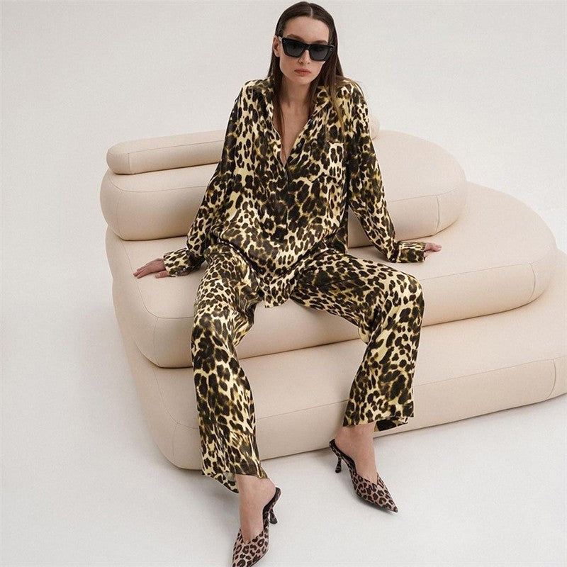 Leopard Print Loose Fit Lapel Long Sleeve Blouse and Ants Two-Piece Lounge Suit