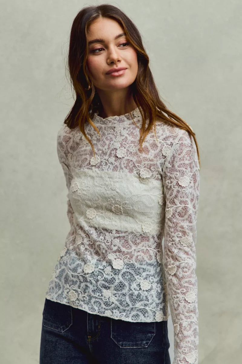 Lace Long Sleeve 3d Effect Floral Layering Top