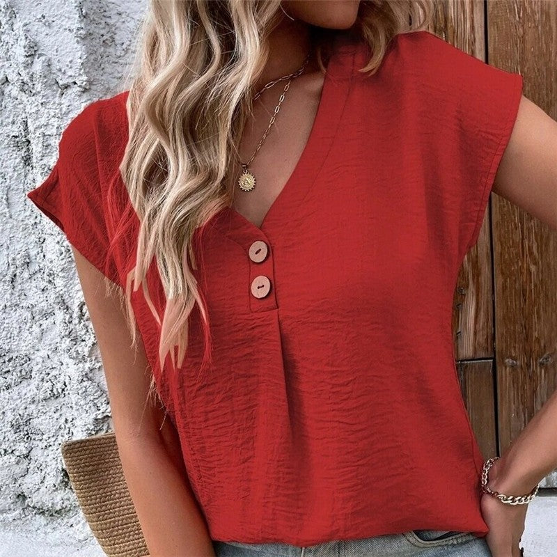 Solid Color V-Neck Button Batwing Sleeve T-Shirt