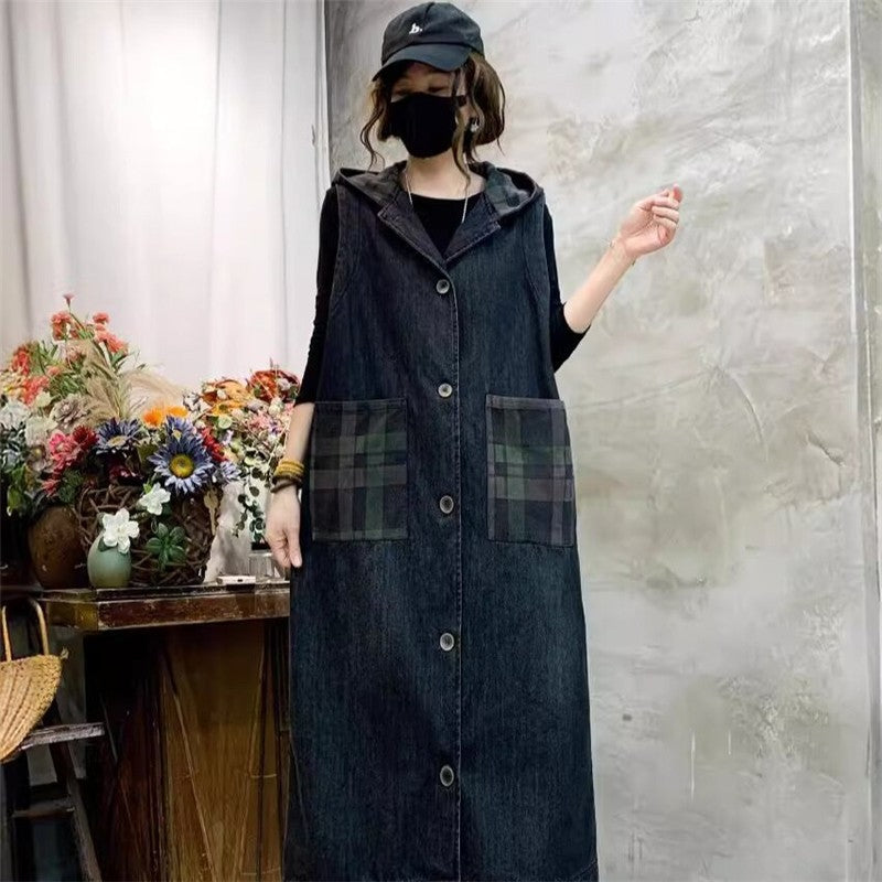 Vintage Hooded Patchwork Plaid Long Denim Vest