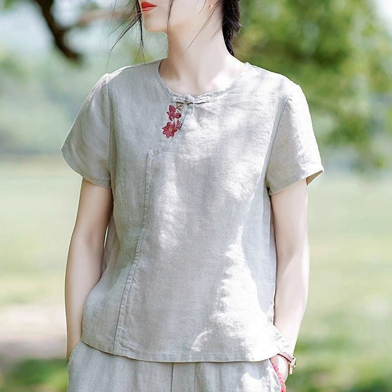 Retro Linen and Cotton Embroidered T-Shirt