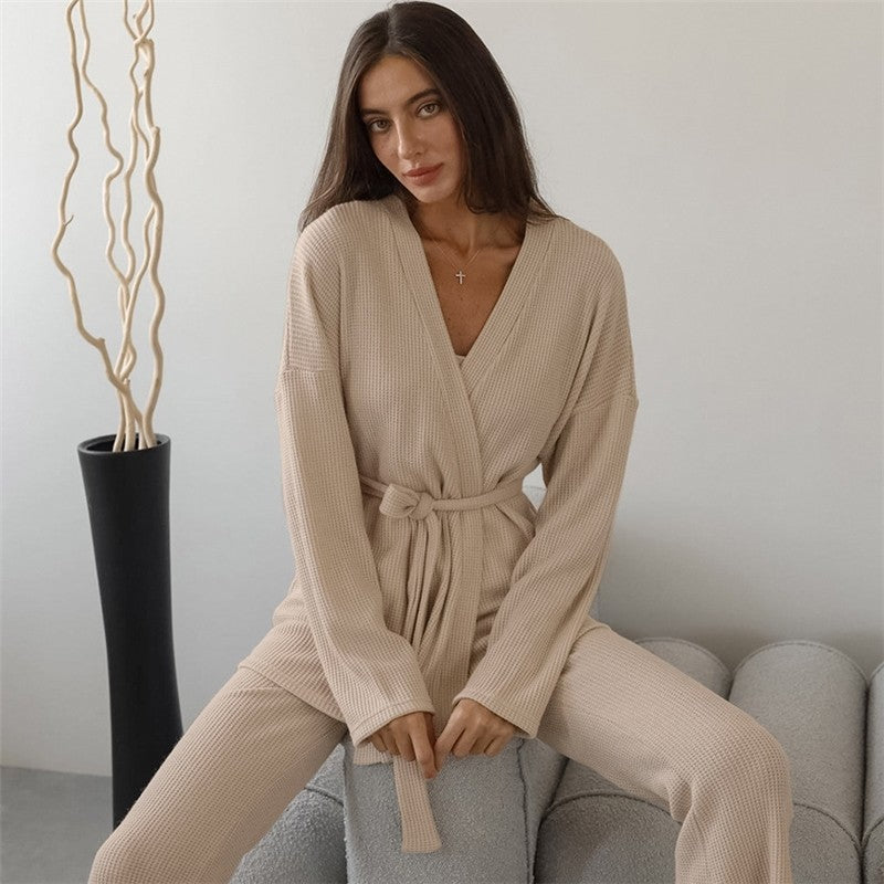 Knitted Bralette and Tie-Waist Cardigan with Long Sleeves and Coordinating Pants Set