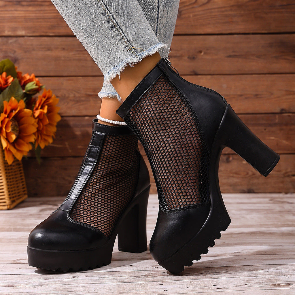 Women's Mesh Chunky Heel Ankle Boots – Back Zip High Heel Fashion Boots