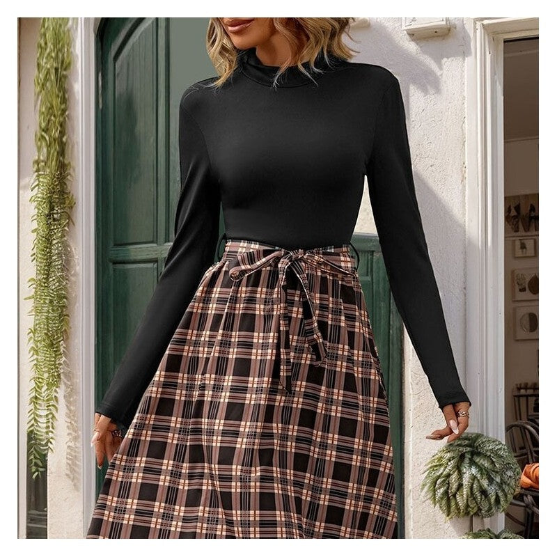 Plaid A-Line Dress with Chic Stand Collar
