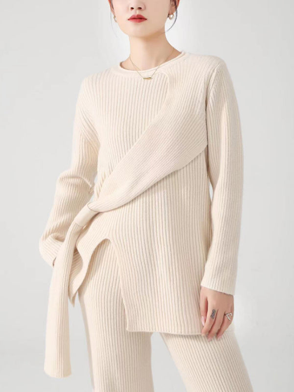 Loose Asymmetric Solid Color Split-Front Round-Neck Long Sleeves Sweater Top   Pants Bottom Two Pieces Set