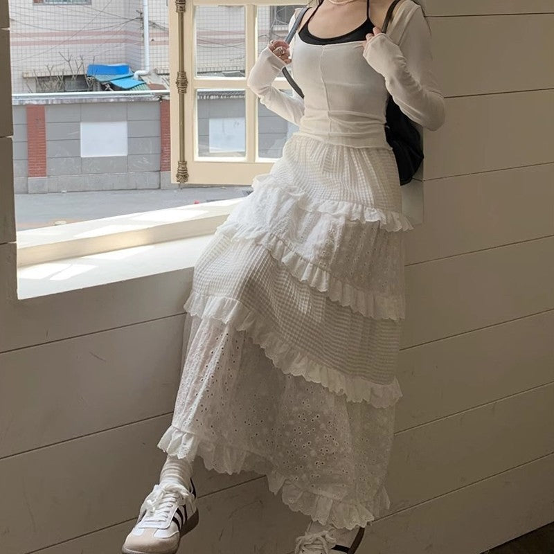 Solid Color Elastic Waist Lace Patchwork A-Line Maxi Skirt
