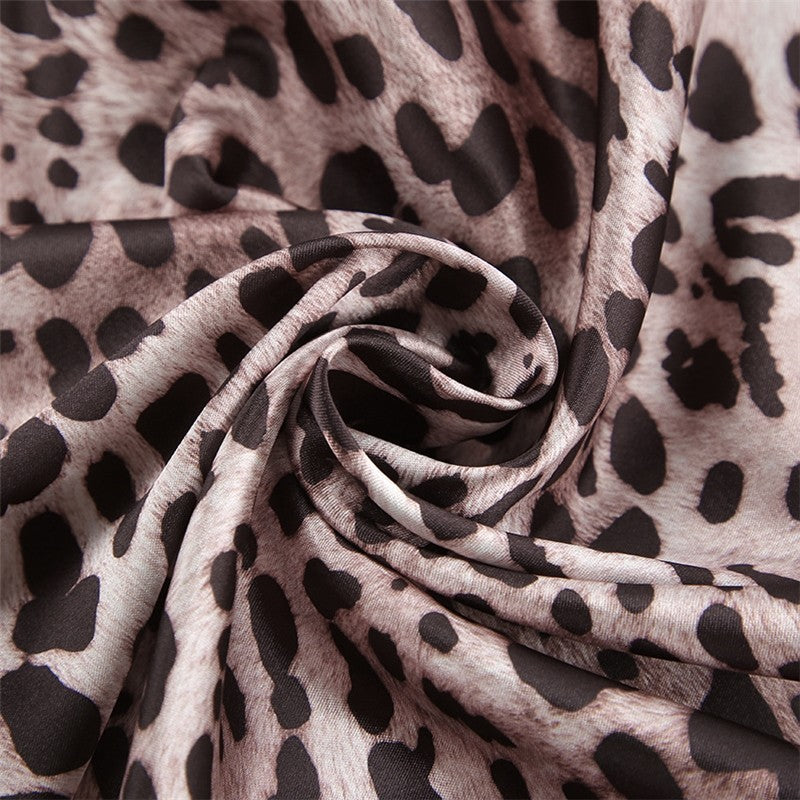 Leopard Print Long Sleeve Lapel Blouse and Pants Set - Two-piece Pajama Suit