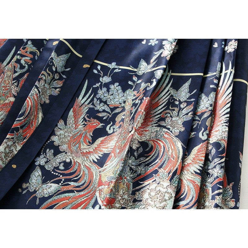 Phoenix Print Pleated Skirt with Chinese Style Waist Tie