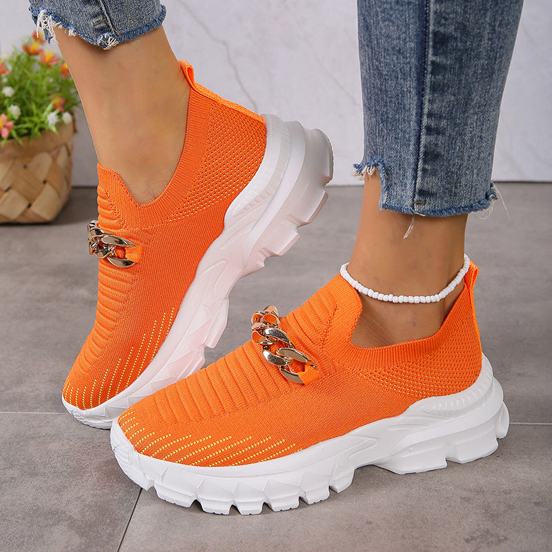 Women's Slip-On Platform Flat Shoes | Breathable Knit Chunky Sole Casual Sneakers