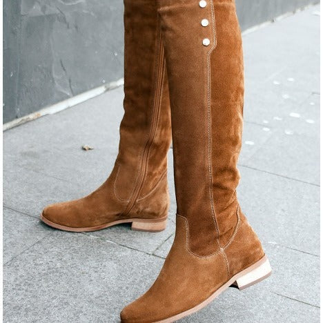 Women's Over-The-Knee Suede Boots | Low Heel Round Toe Side Zipper | Black Brown Khaki
